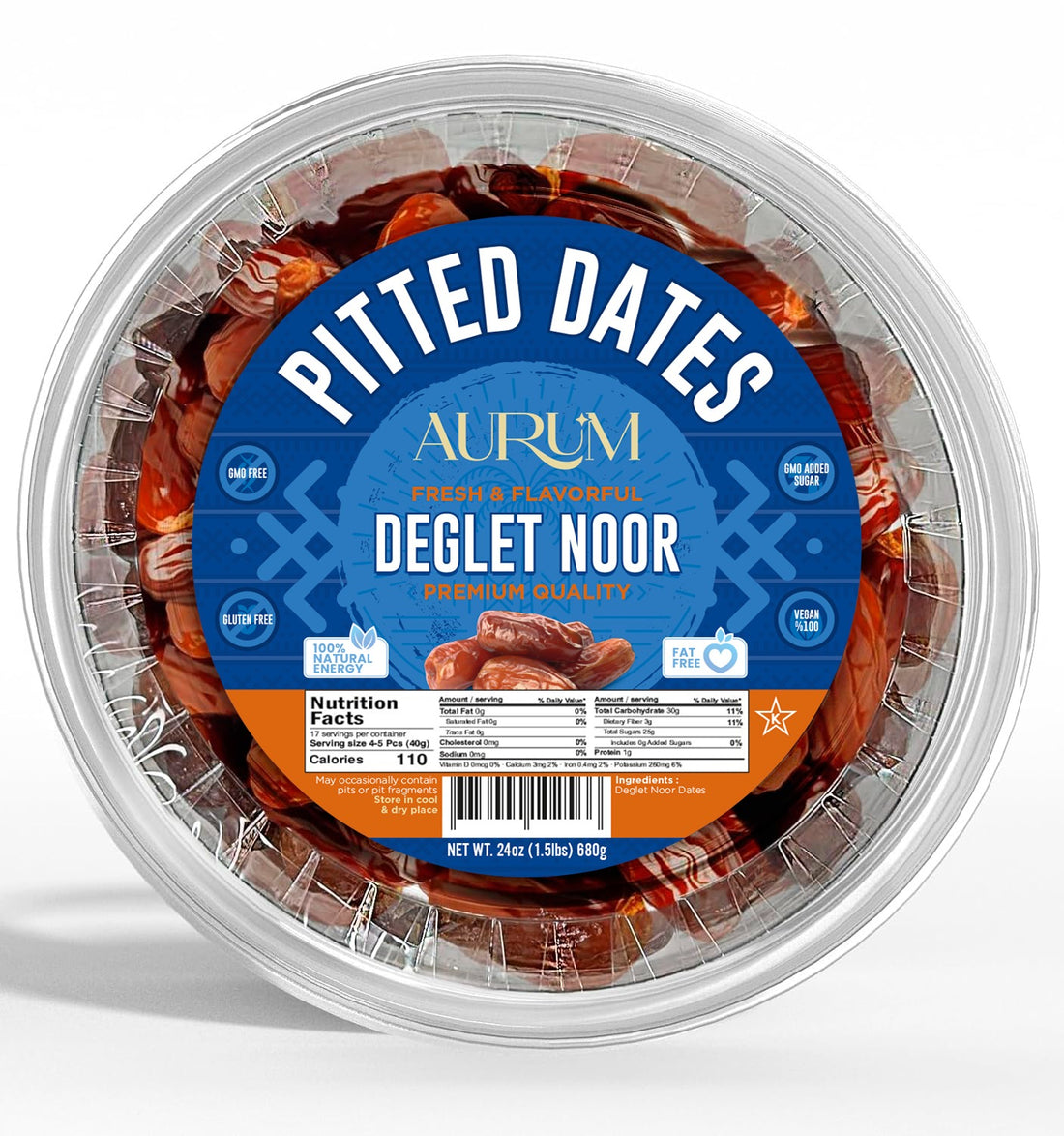 Aurum Tunisian Pitted Deglet Noor Dates in clear container — premium quality, nothing added